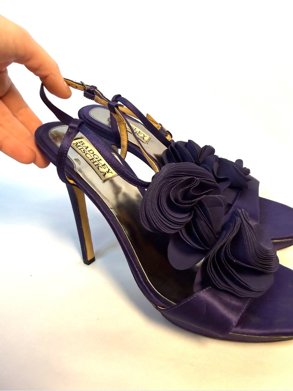 Badgley Mischka Purple Navy Satin Floral Platform Heels Size 10